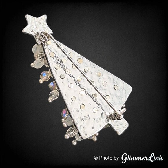 Vintage White & AB Beaded Cha Cha Style Christmas Tree Silver Tone Brooch Pin - Picture 6 of 7
